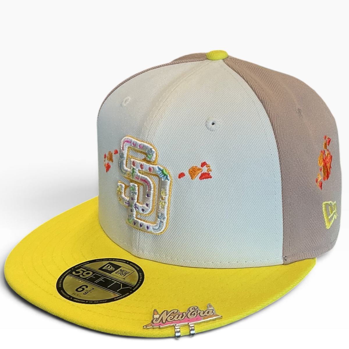 San Diego Padres cream, taupe and yellow Taco Embroidery New Era 59FIFTY fitted hat - side view