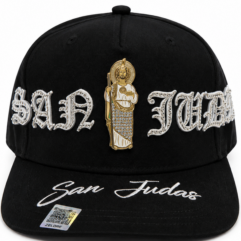 San Judas black rhinestone snapback hat with gold centerpiece - front view
