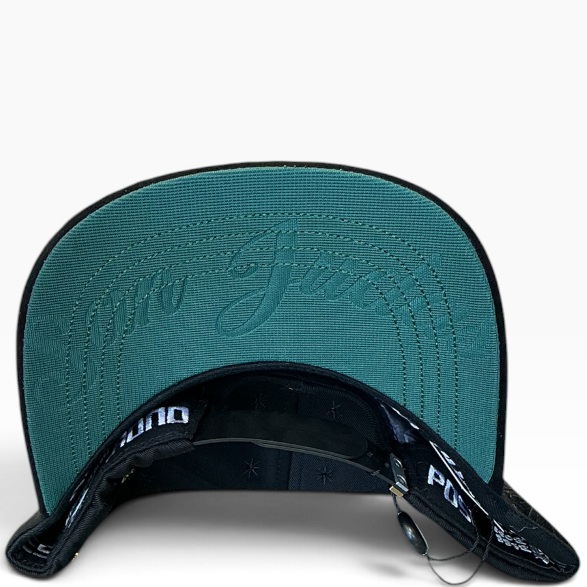 Black San Judas Tadeo rhinestone religious snapback hat - front view