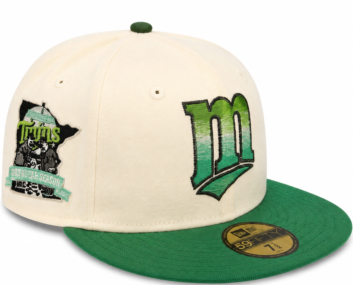 Minnesota Twins cream/green New Era 59FIFTY fitted hat - side view