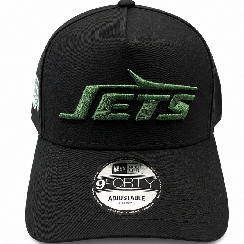 NY Jets black A-Frame hat with 50 Seasons commemorative side patch - side view
