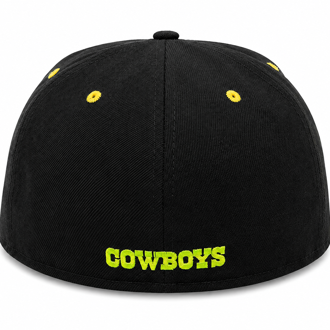Dallas Cowboys black and neon yellow New Era 59FIFTY fitted hat - side view