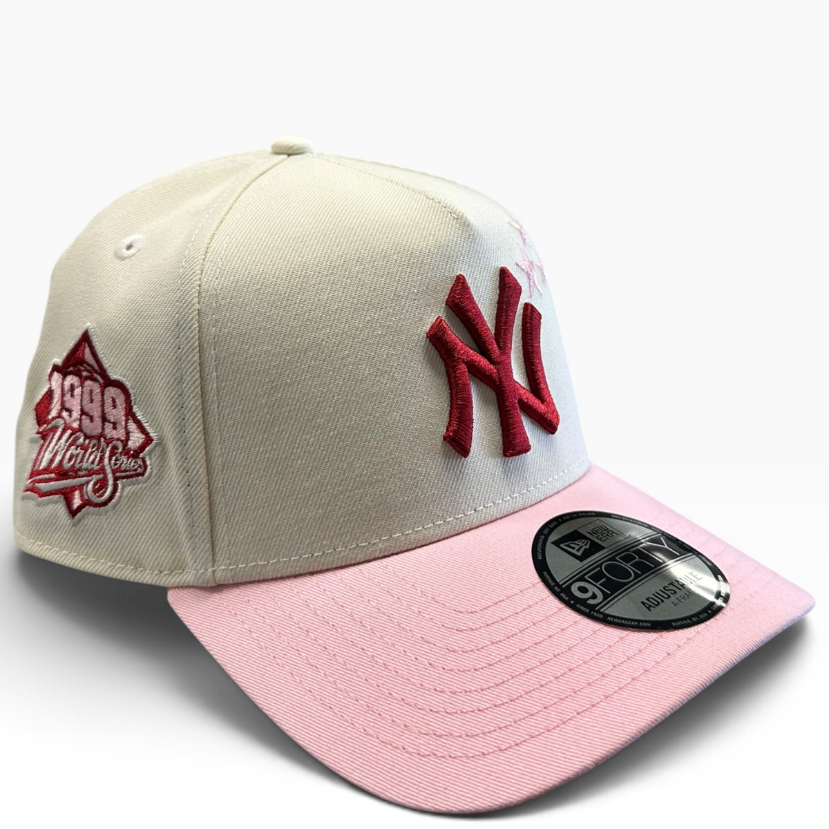 New York Yankees cream and pink New Era 9FORTY A-Frame snapback hat - front view
