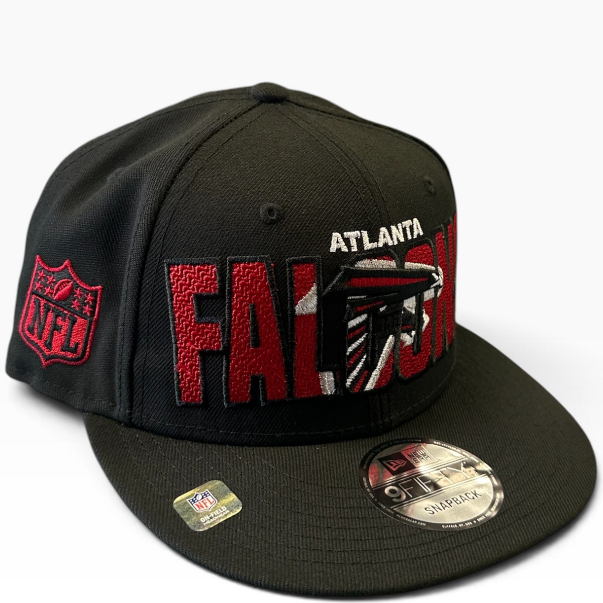 Falcons black snapback with red FALCONS embroidery - side view