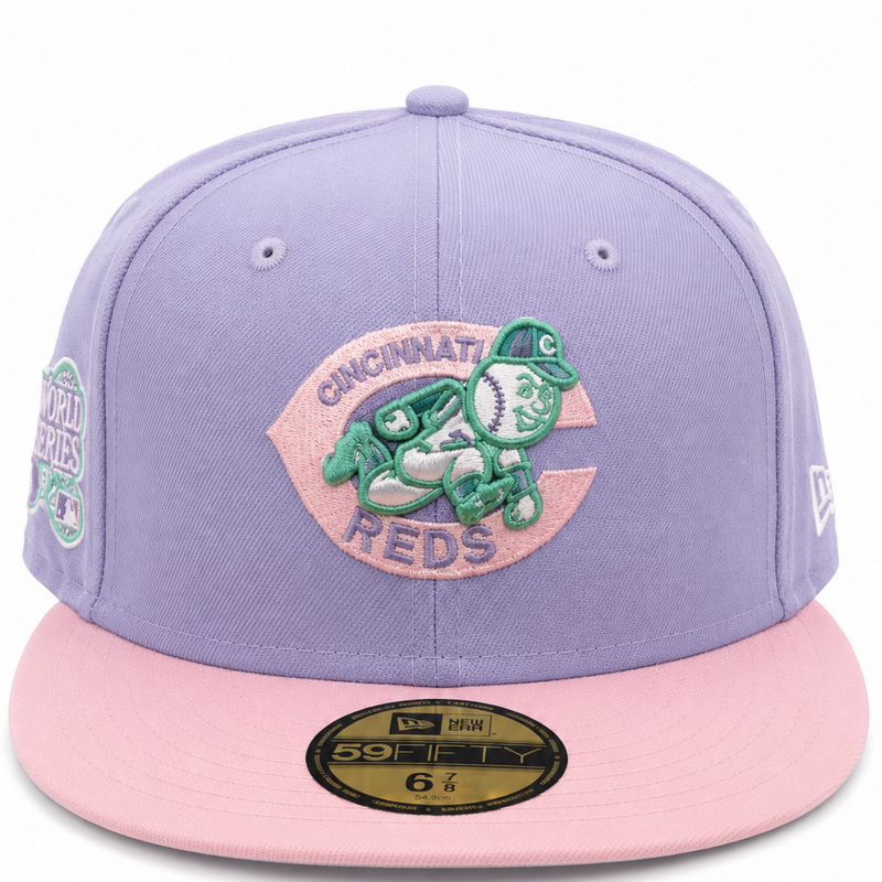 Cincinnati Reds lavender and pink New Era 59FIFTY fitted hat - back view