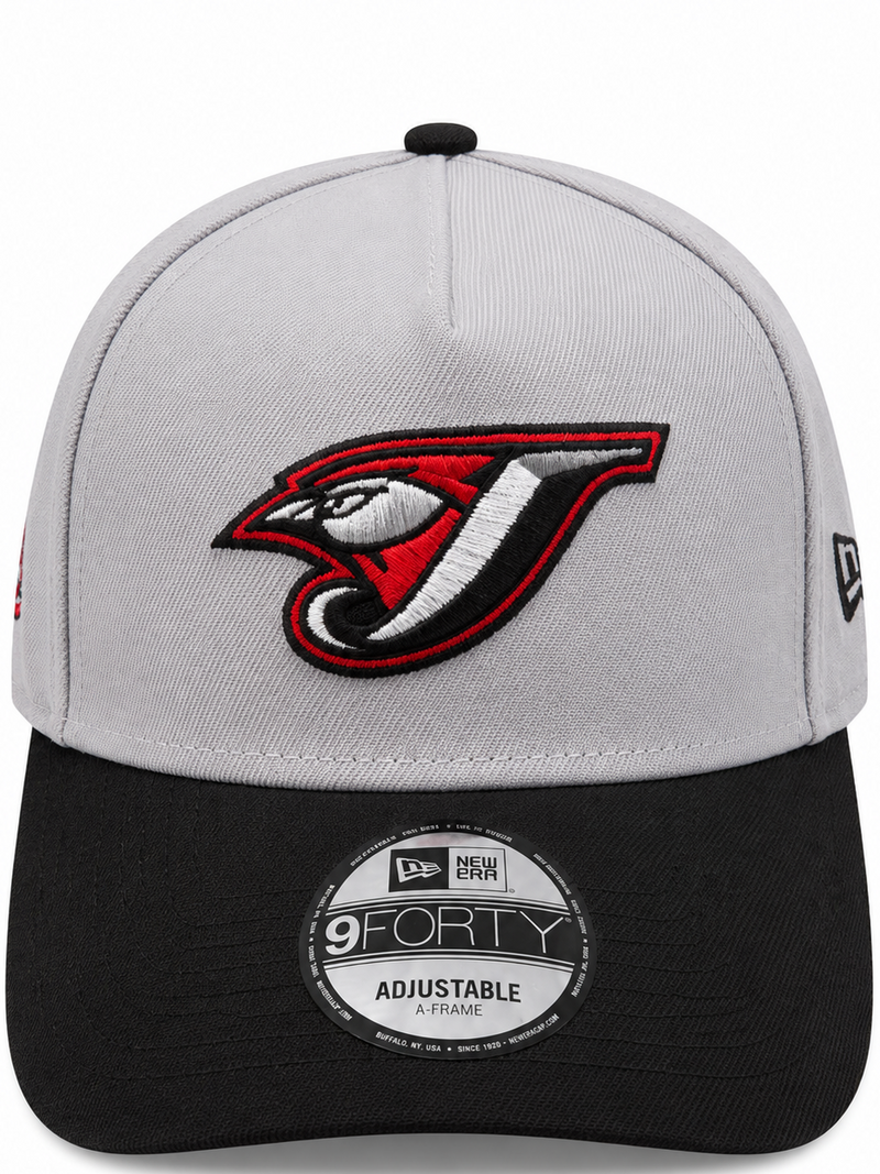 Toronto Blue Jays gray and black New Era 9FORTY A-Frame hat with embroidered logo - front view