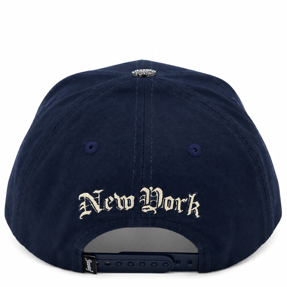 Navy blue Cash Only pearl hat with cream pearl detailing - front view