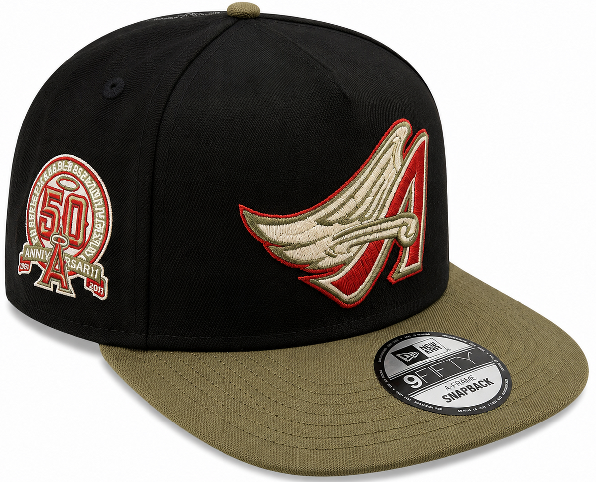 Angels black and olive A-Frame snapback with commemorative side patch - side view