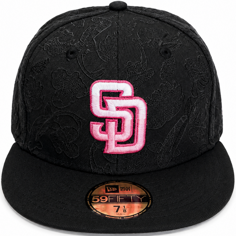 San Diego Padres black floral 59FIFTY fitted hat with pink and white SD logo – front view