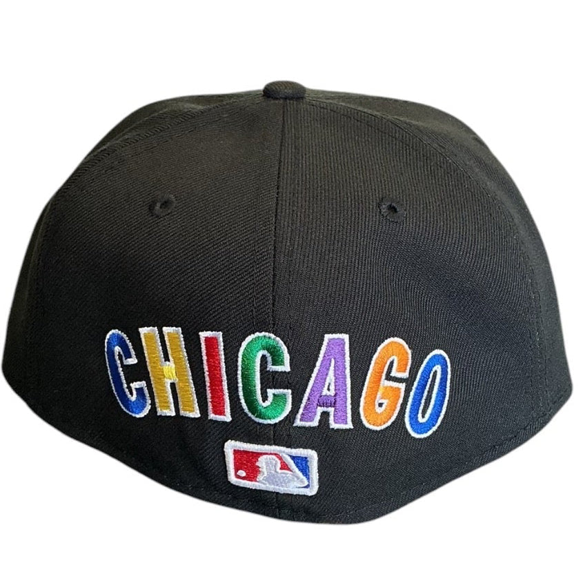 Chicago Cubs black rainbow logo New Era 59FIFTY fitted hat - back view