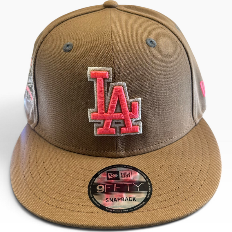 Los Angeles Dodgers brown and pink New Era 9FIFTY snapback hat - front view