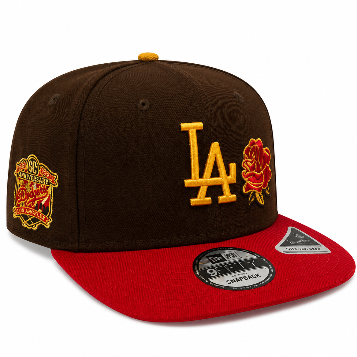 Los Angeles Dodgers brown and red Rose 60th Anniversary New Era 9FIFTY A-Frame snapback hat - front view