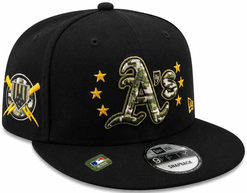 New Era Oakland Athletics black camo 9FIFTY snapback hat with camouflage A's logo and gold stars - front view
