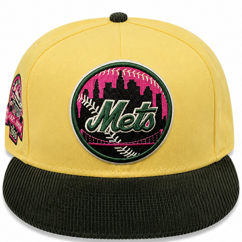 New York Mets yellow/dark green corduroy New Era 59FIFTY fitted hat - side view