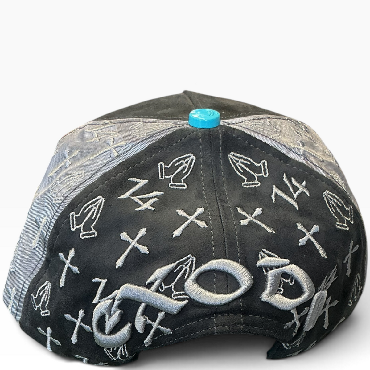 14 cross suede snapback with praying hands graphics - side view