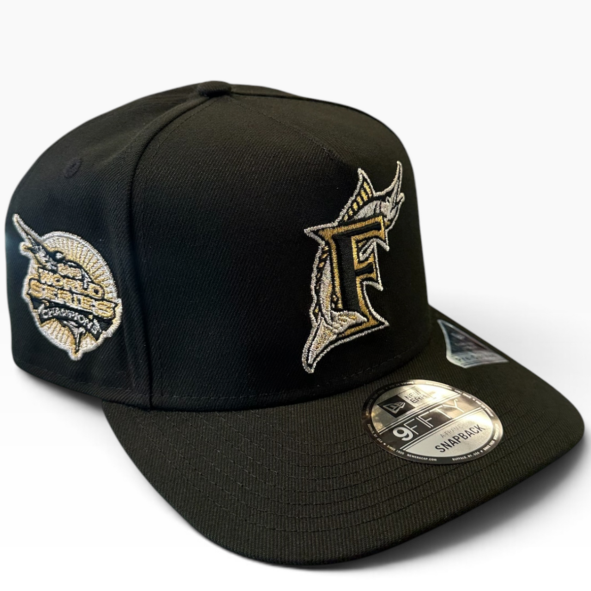 Florida Marlins Black & Gold New Era 9FIFTY A-Frame snapback hat - side view