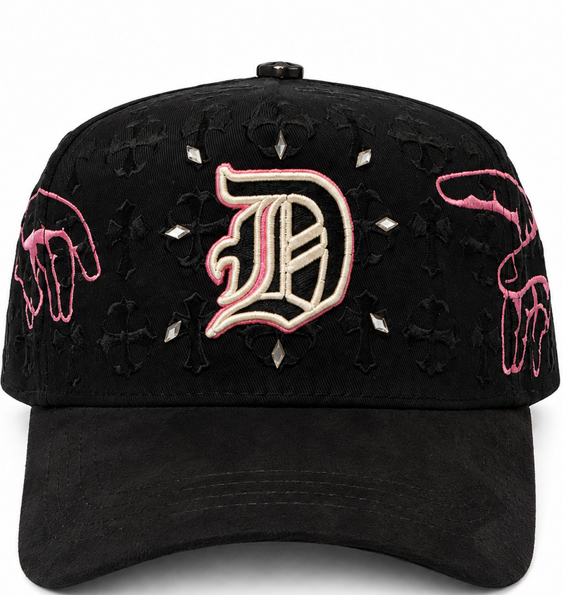 Black & Pink Gothic Hands "D" Snapback Hat – front view