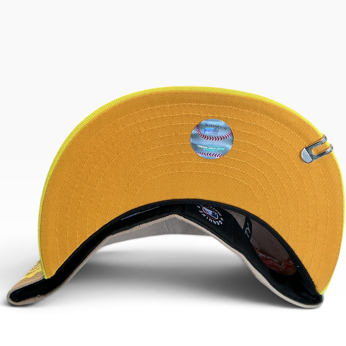 San Diego Padres cream, taupe and yellow Taco Embroidery New Era 59FIFTY fitted hat - undervisor detail