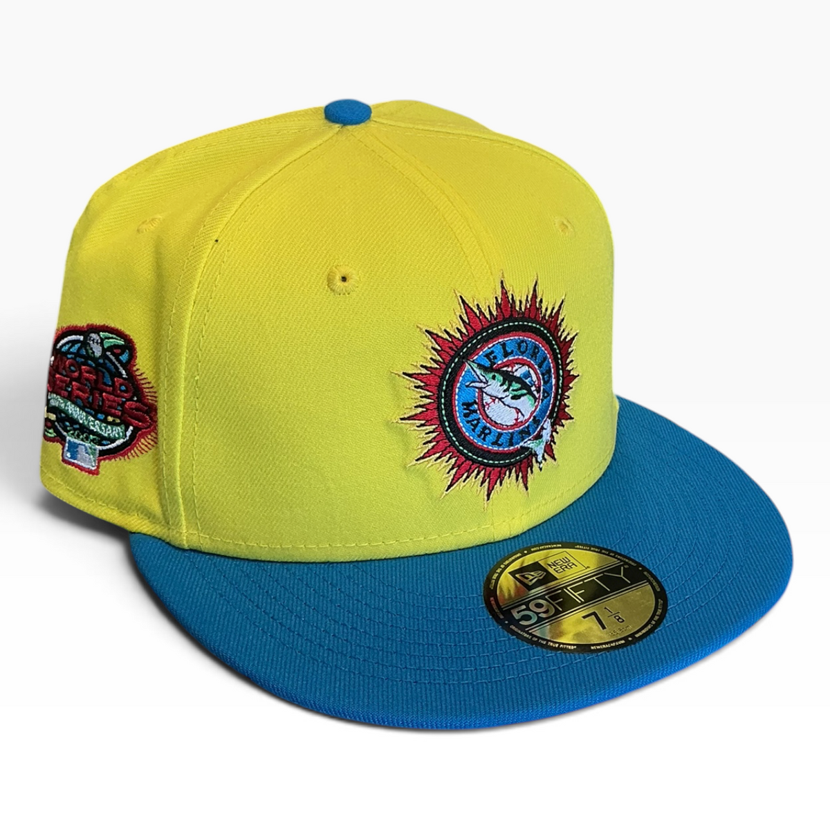 Florida Marlins neon yellow and blue New Era 59FIFTY fitted hat - front view