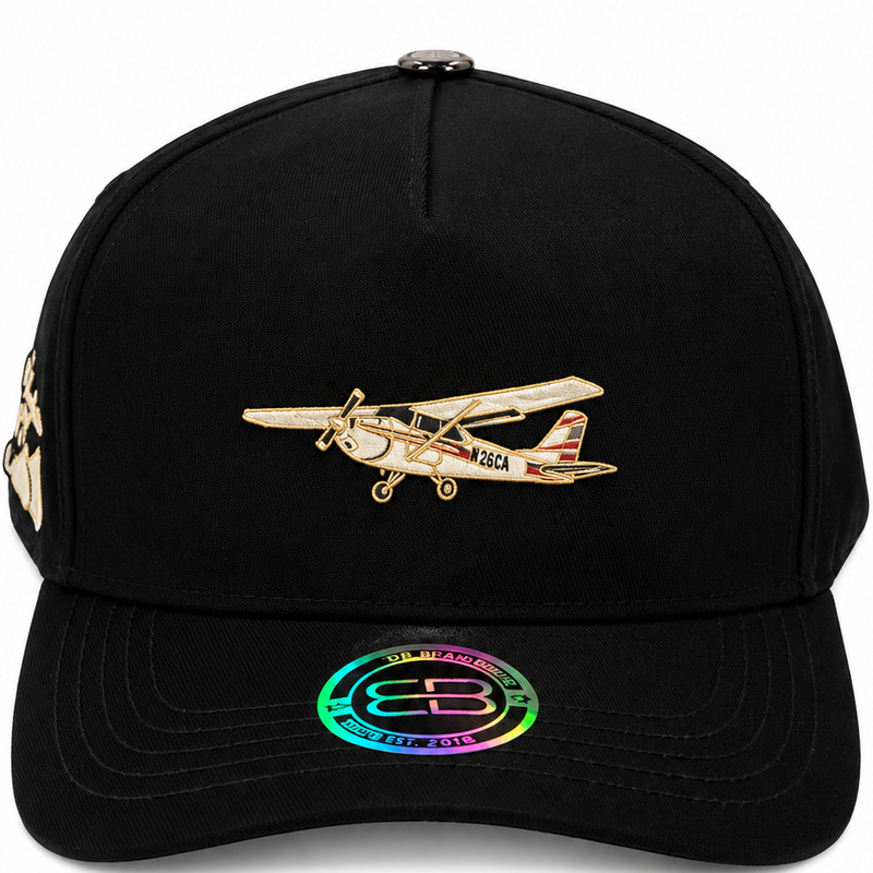 DB Brand black airplane snapback hat with airplane design - front view