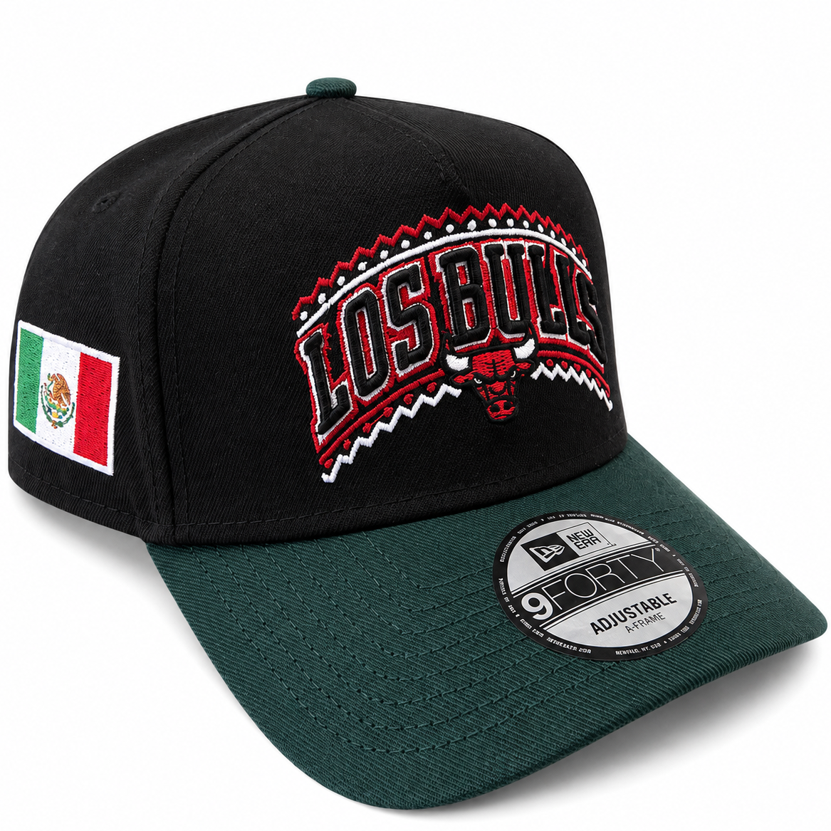 New Era Los Bulls black and green 9FORTY A-Frame hat with bull logo - front view