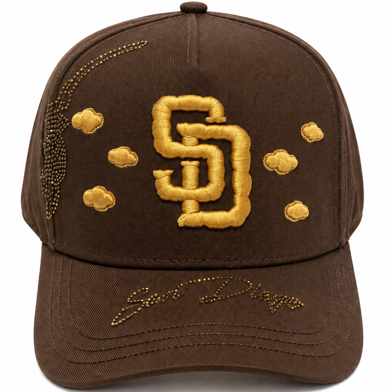 Brown & Gold SD Rhinestone Snapback Hat – front view