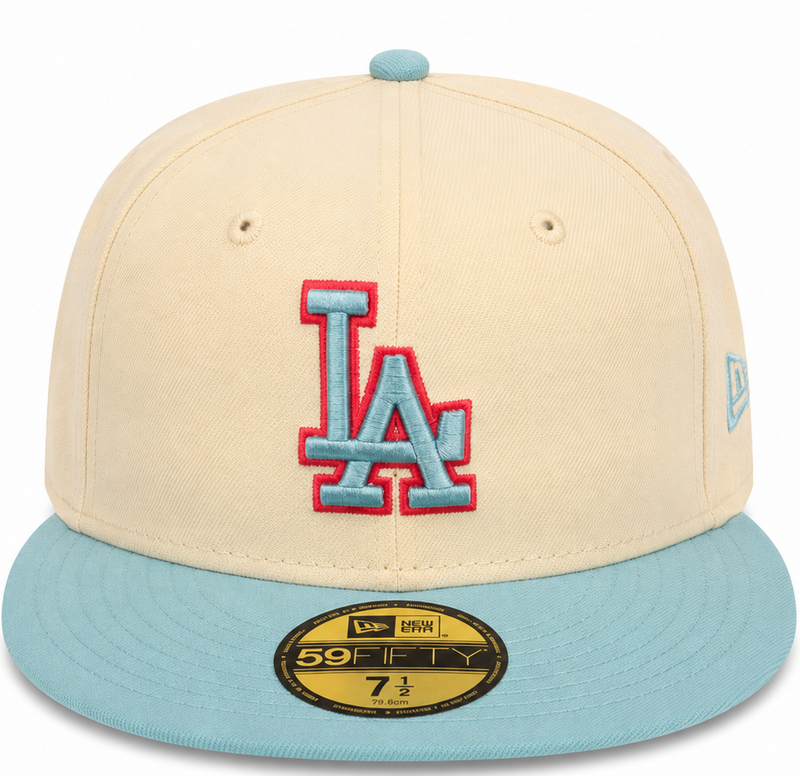 Los Angeles Dodgers cream/baby blue New Era 59FIFTY fitted hat - front view