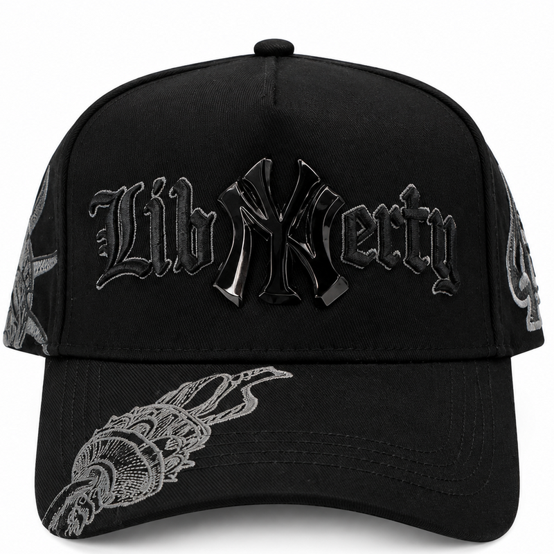 Liberty New York black embroidered snapback hat with Liberty lettering - front view
