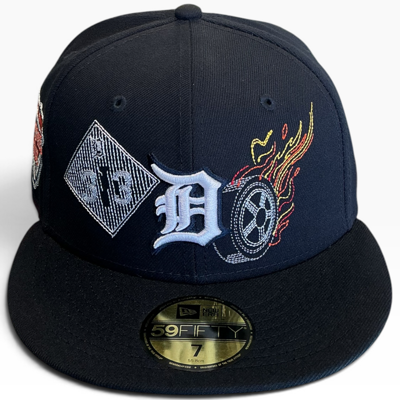 Detroit Tigers black Flaming Wheel New Era 59FIFTY fitted hat - side view