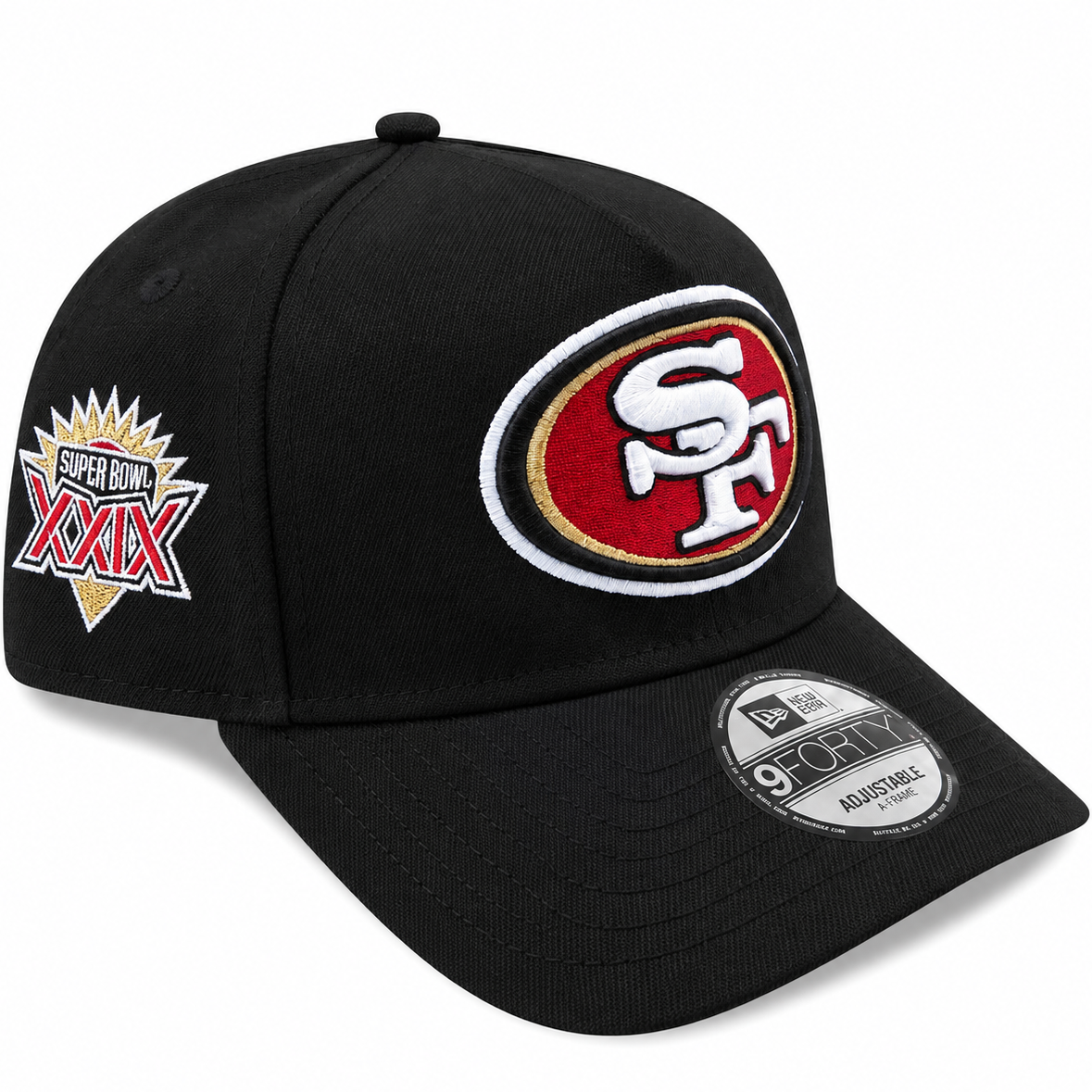 49ers black A-Frame hat with Super Bowl XXIX side patch - side view