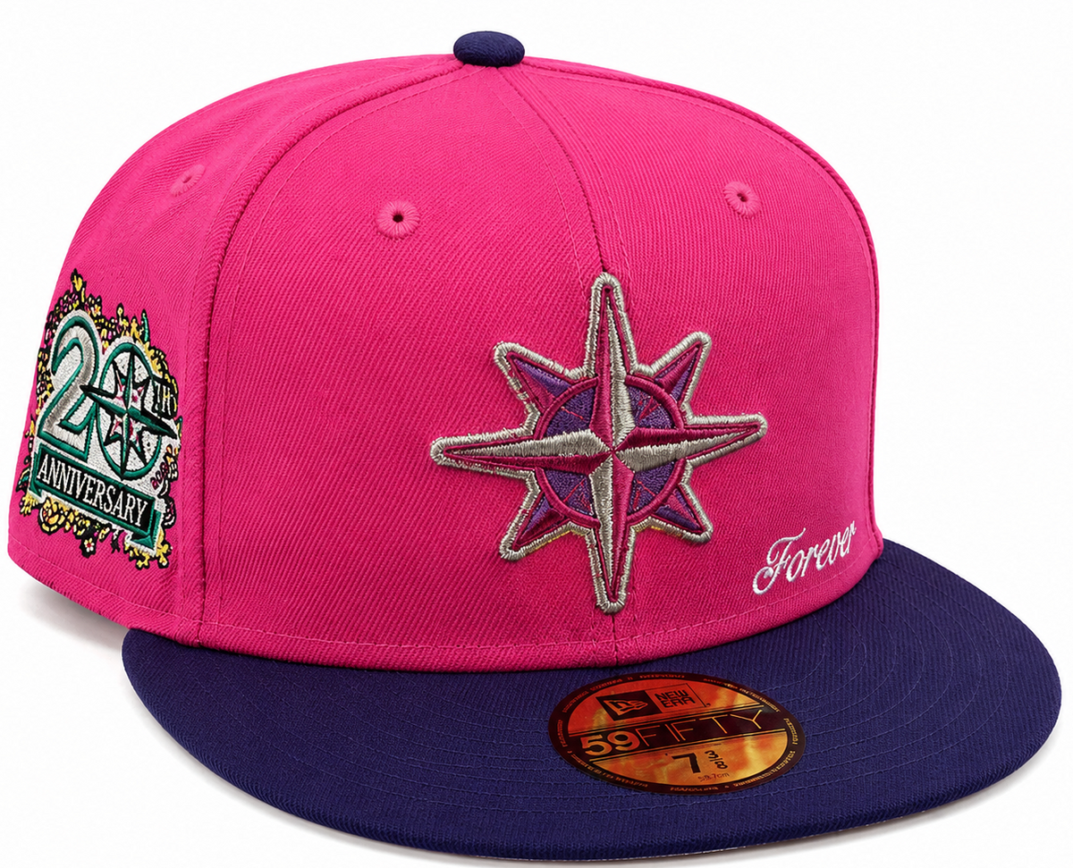 Seattle Mariners pink and purple New Era 59FIFTY fitted hat - side view