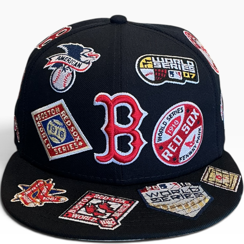 Boston Red Sox black World Series Patch Collection New Era 59FIFTY fitted hat - detail view
