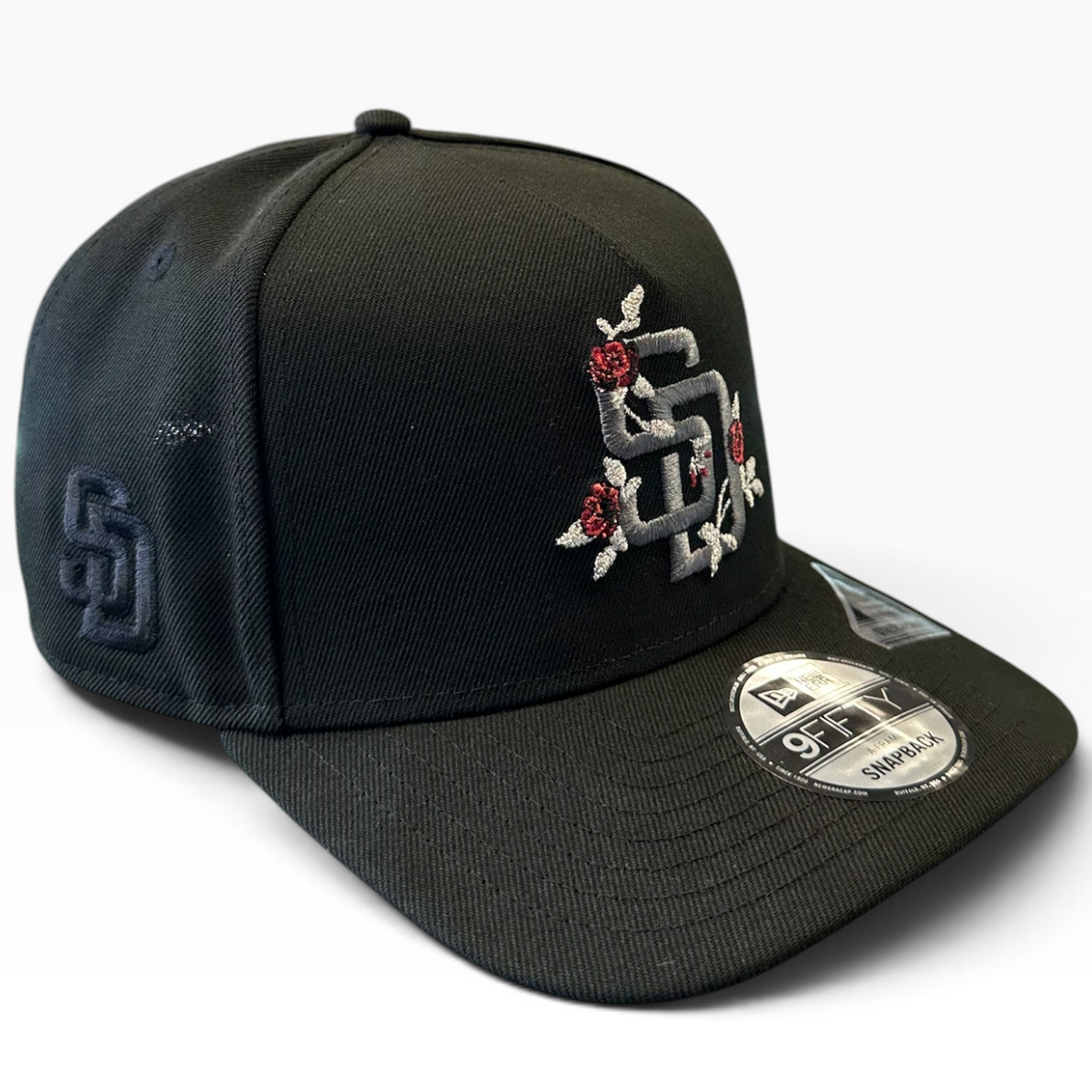 San Diego Padres black rose New Era 9FIFTY A-Frame snapback hat - front view