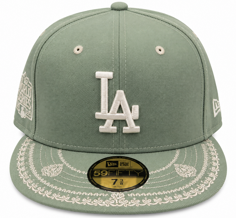 Los Angeles Dodgers sage green and cream 2020 World Series paisley New Era 59FIFTY fitted hat - front view