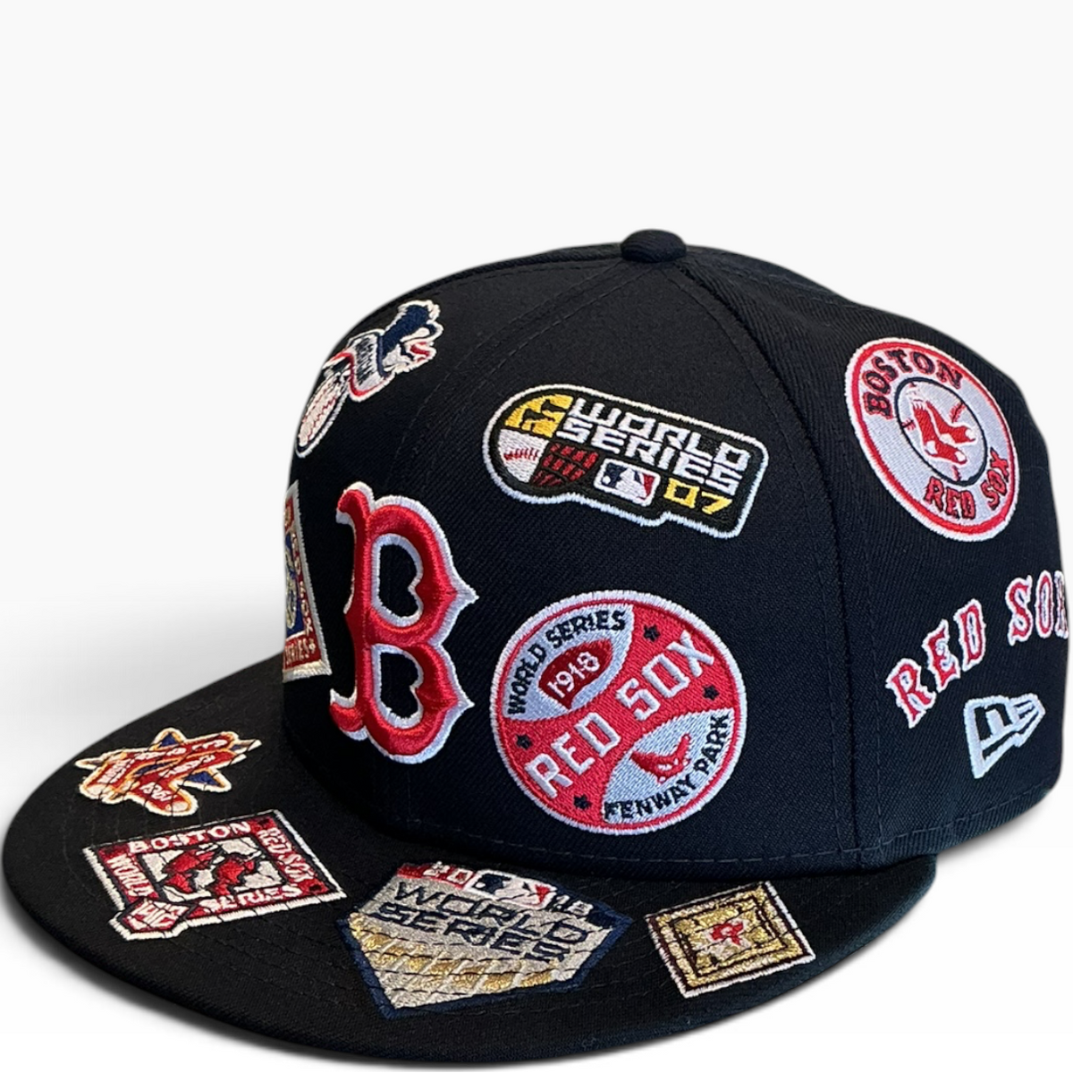 Boston Red Sox black World Series Patch Collection New Era 59FIFTY fitted hat - side view