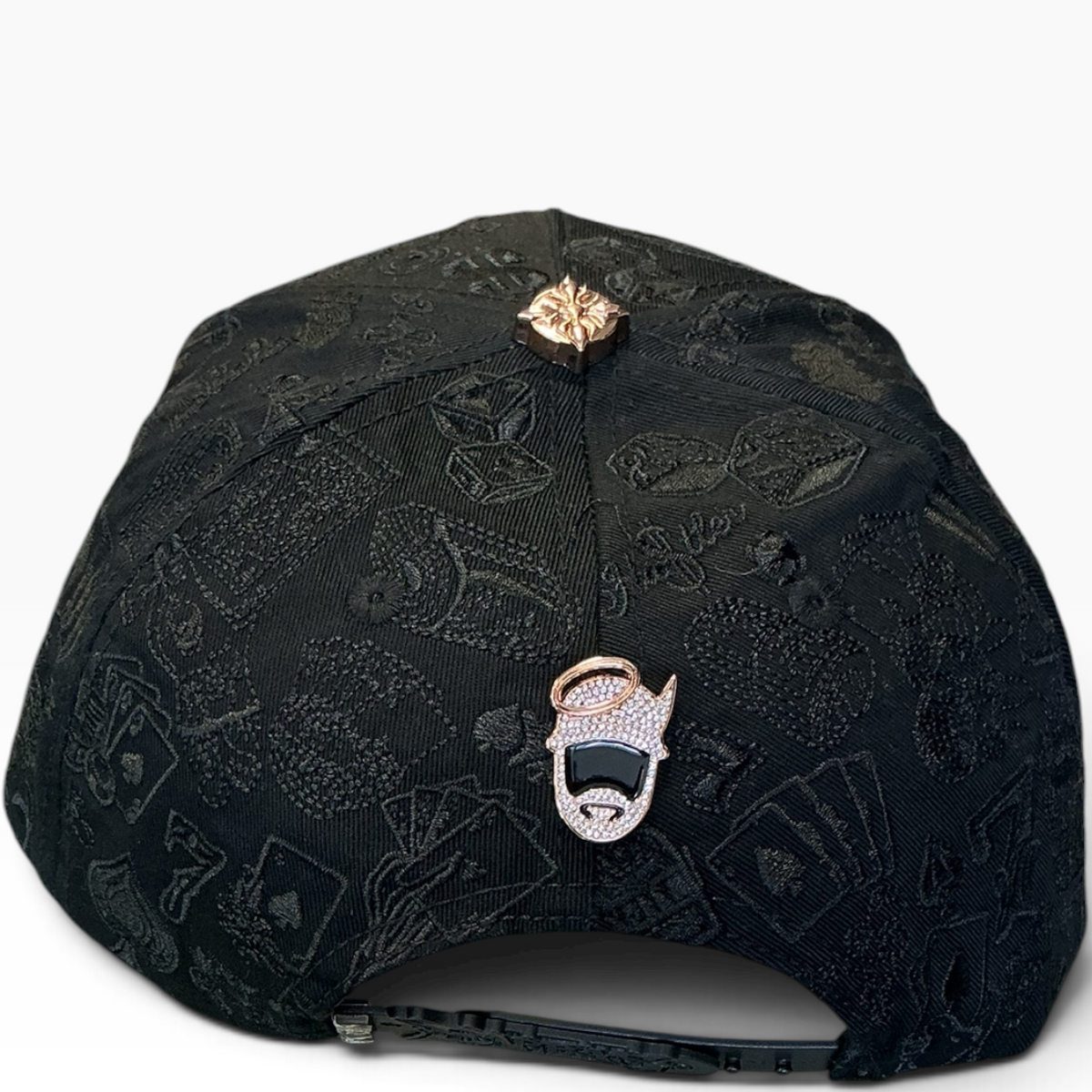 77 casino pattern hat with playing card graphics - side view
