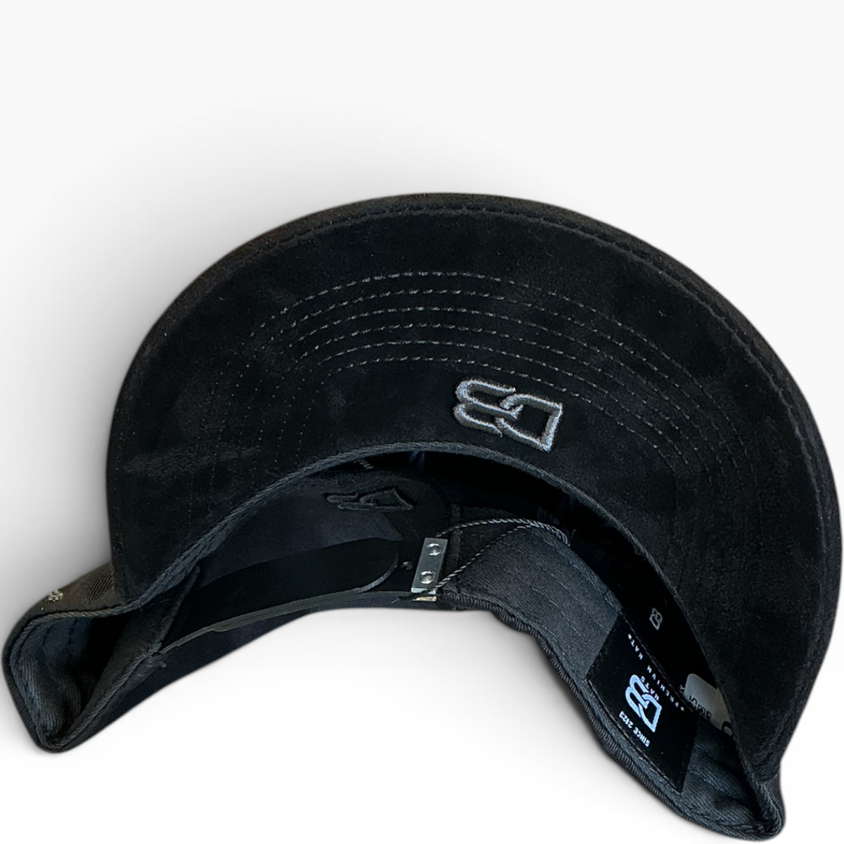 DB Hats LA black rhinestone suede brim snapback hat - front view