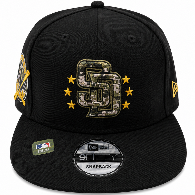 Padres black camo snapback with military-inspired side patch - side view