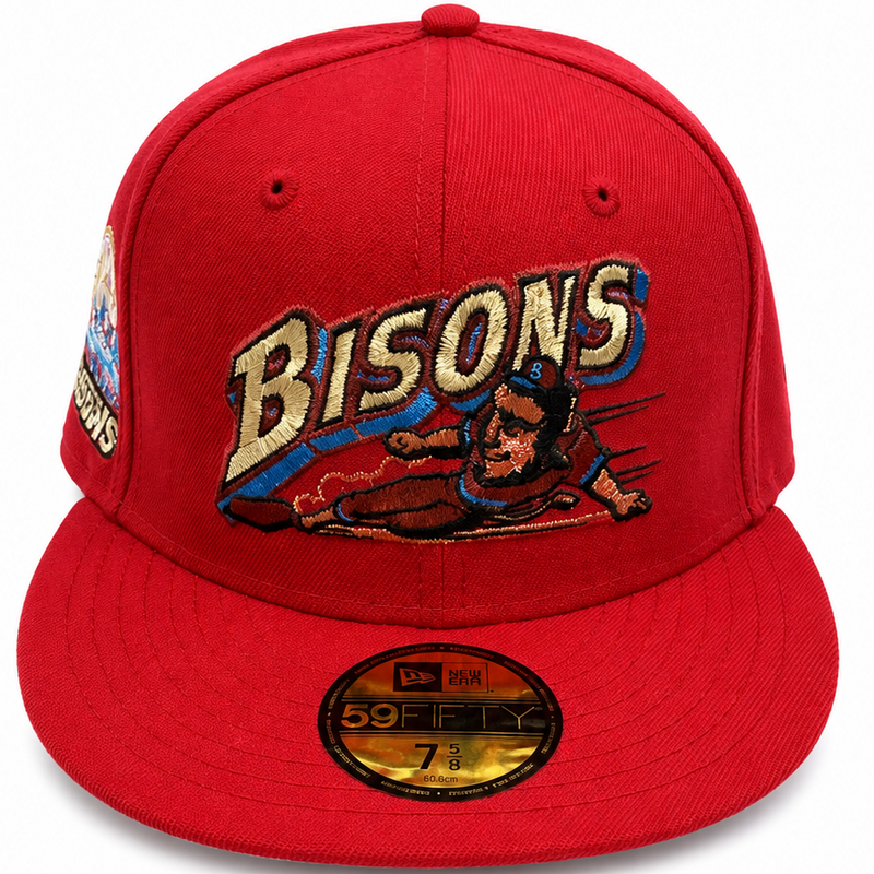Buffalo Bisons red 25th anniversary New Era 59FIFTY fitted hat - side patch view