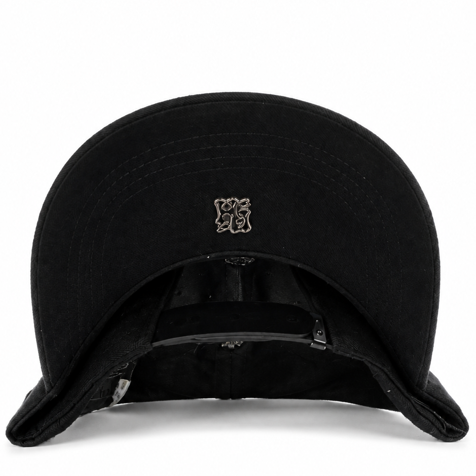 Black NY spiderweb rhinestone snapback hat - front view