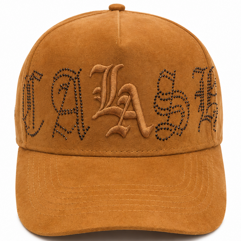 Cash Only LA Suede Rhinestone Snapback Hat – Caramel/Tan – front view