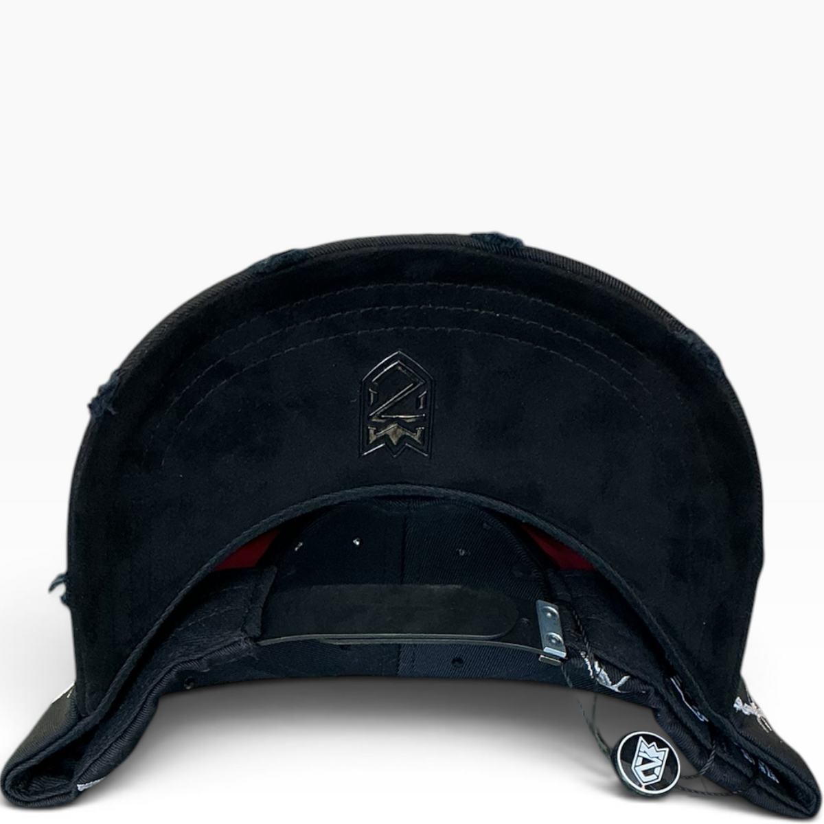 Black red flower barbed wire rhinestone distressed snapback hat - front view