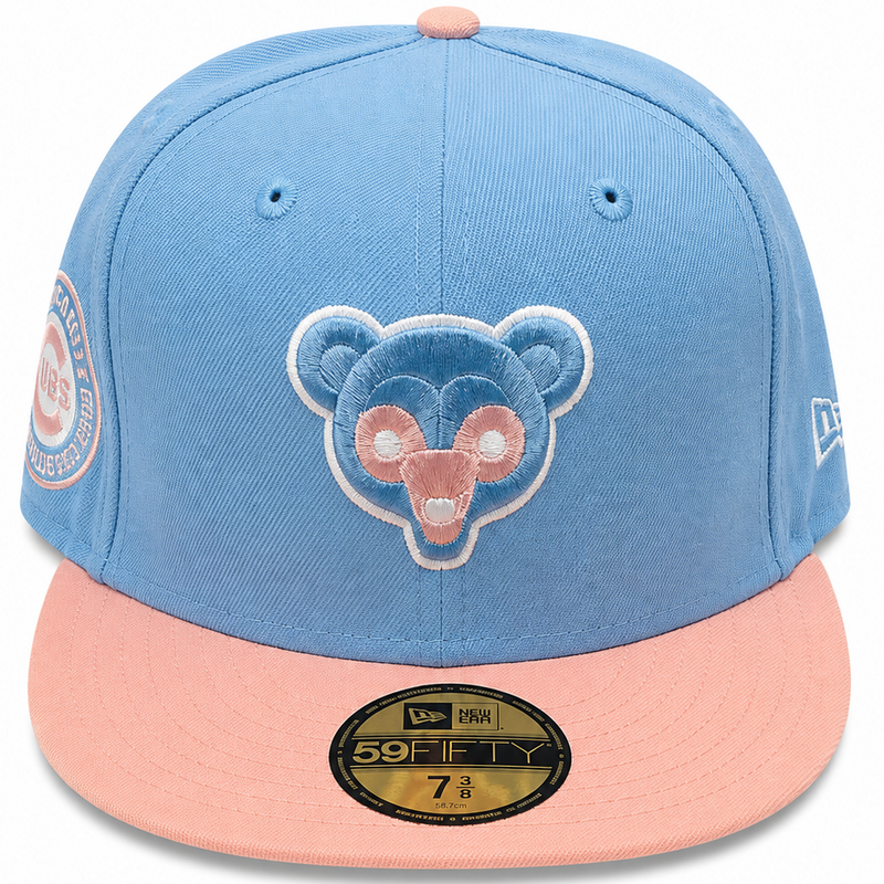 Chicago Cubs sky blue and peach bear logo New Era 59FIFTY fitted hat - detail view