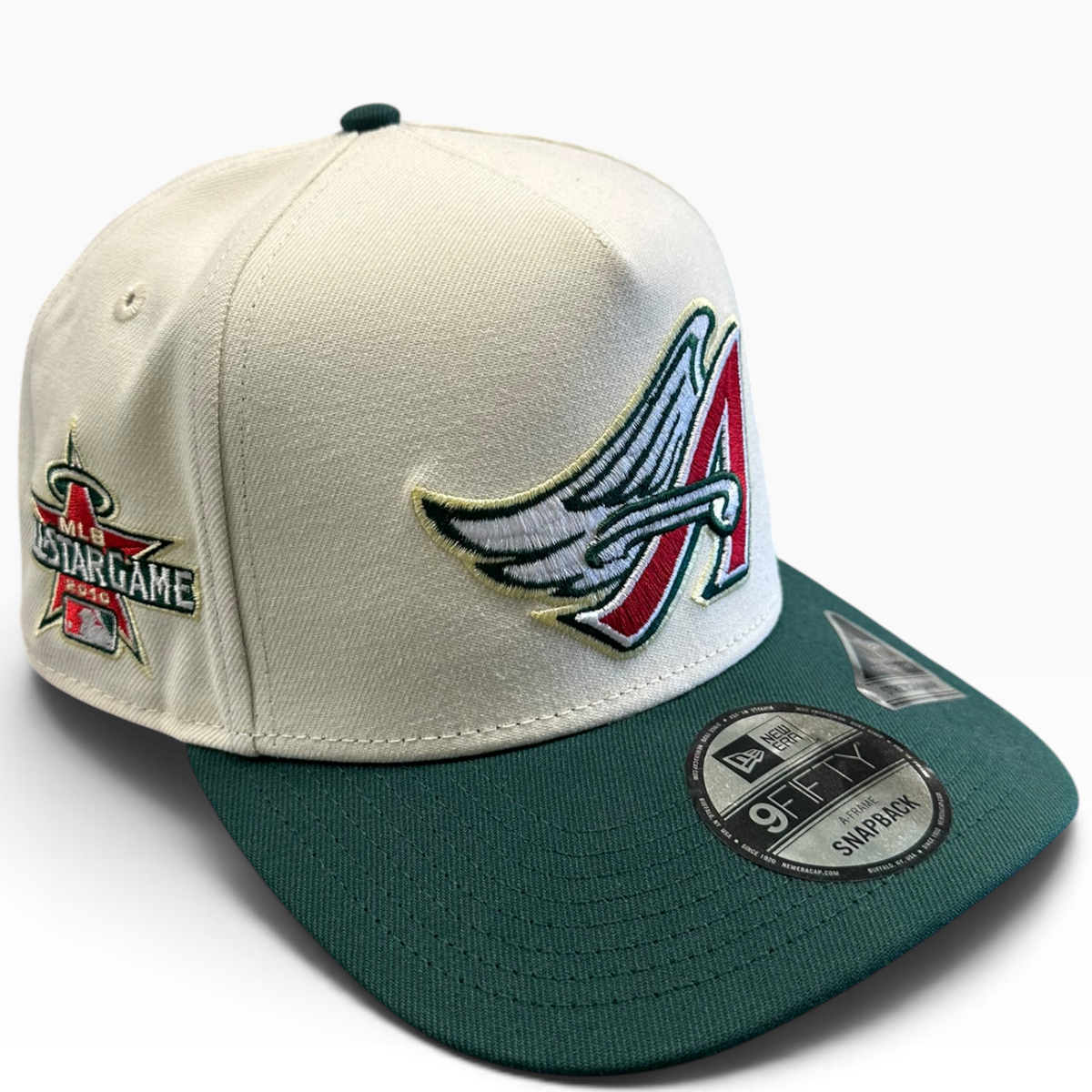 Los Angeles Angels cream and green New Era 9FIFTY A-Frame snapback hat - front view