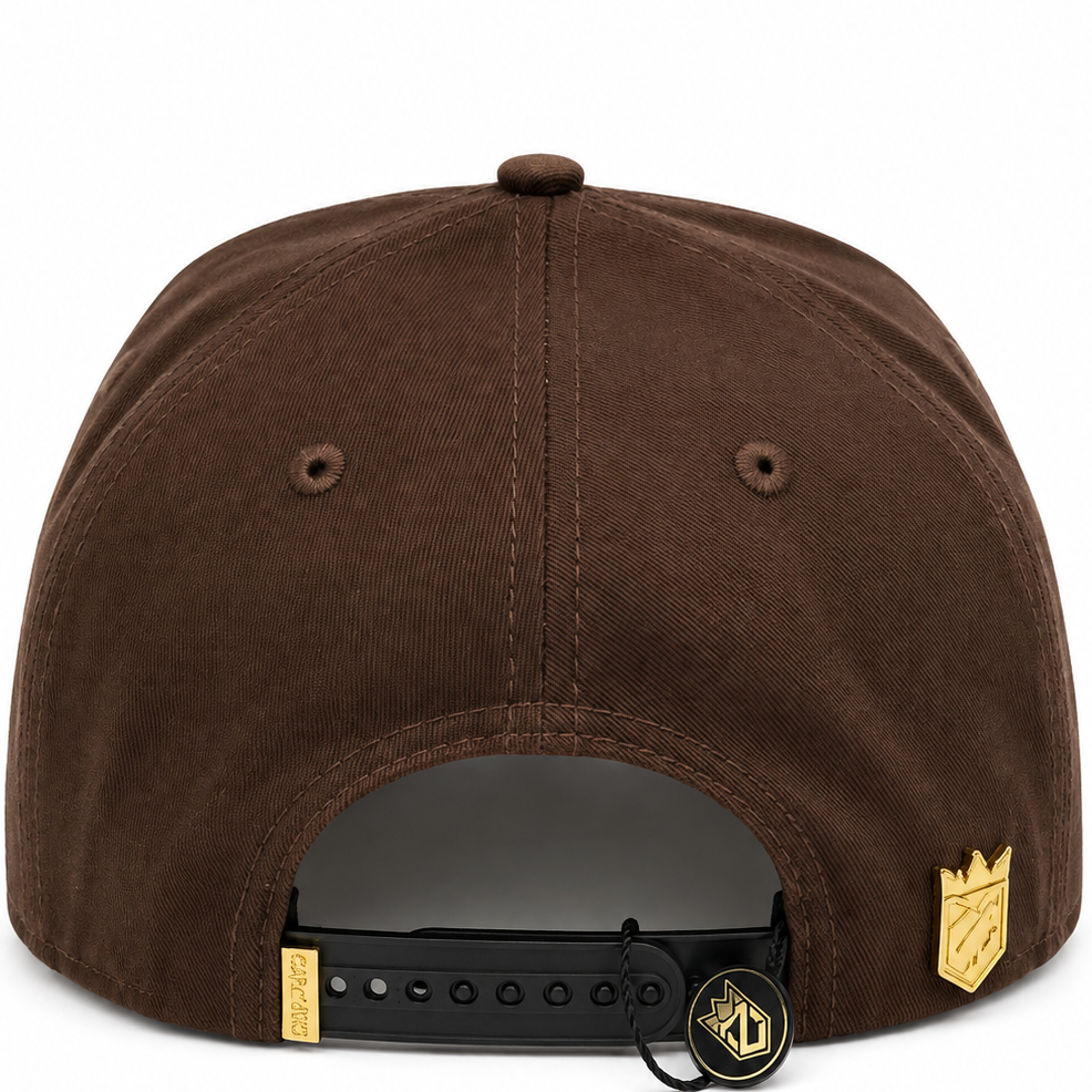 Brown and gold SD snapback with rhinestone brim script - side view