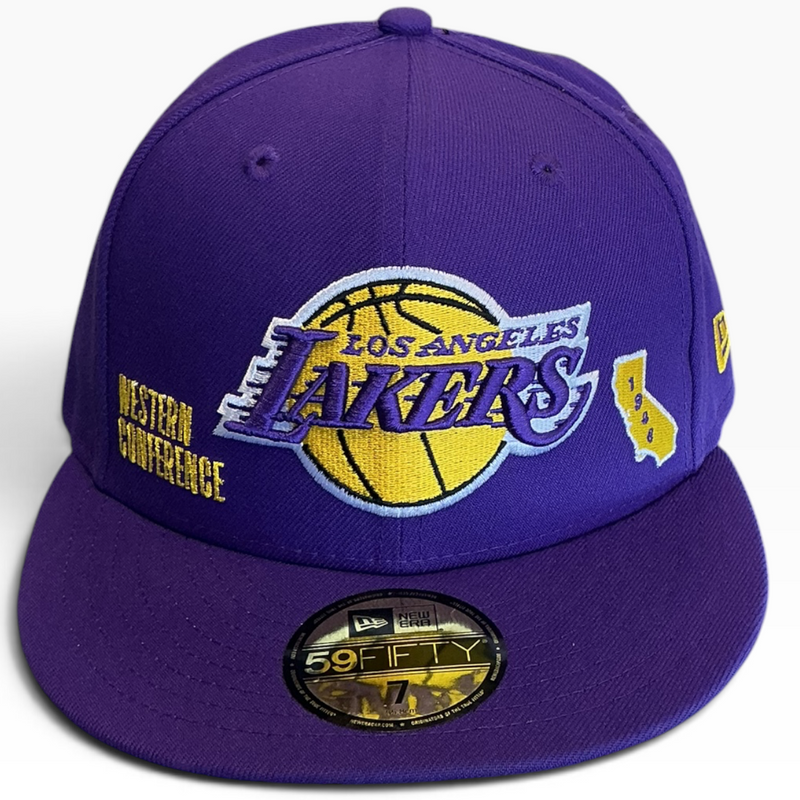 Los Angeles Lakers purple Multi Embroidery New Era 59FIFTY fitted hat - front view