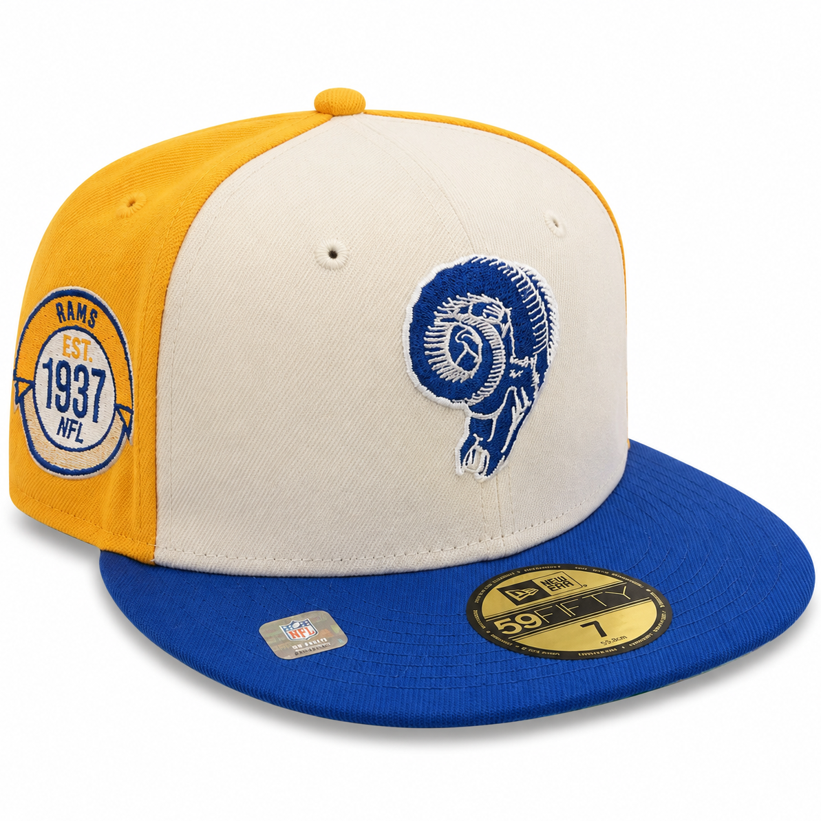 Los Angeles Rams Cream/Gold/Blue New Era 59FIFTY fitted hat - side view