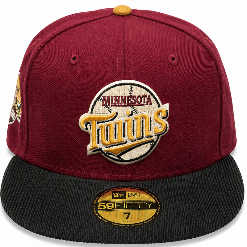 Minnesota Twins burgundy/black corduroy New Era 59FIFTY fitted hat - side view