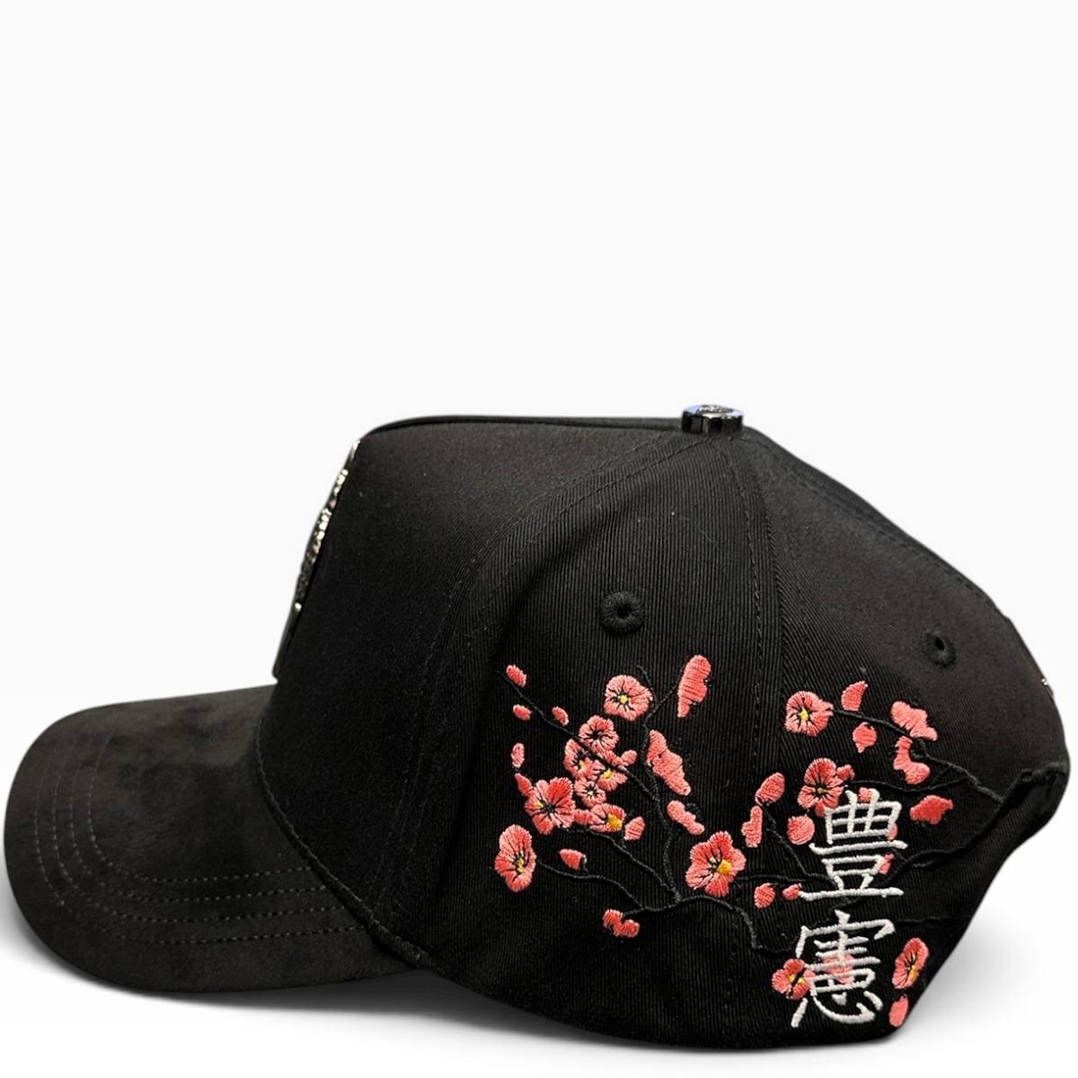 Buddha cherry blossom black and pink adjustable hat - back view