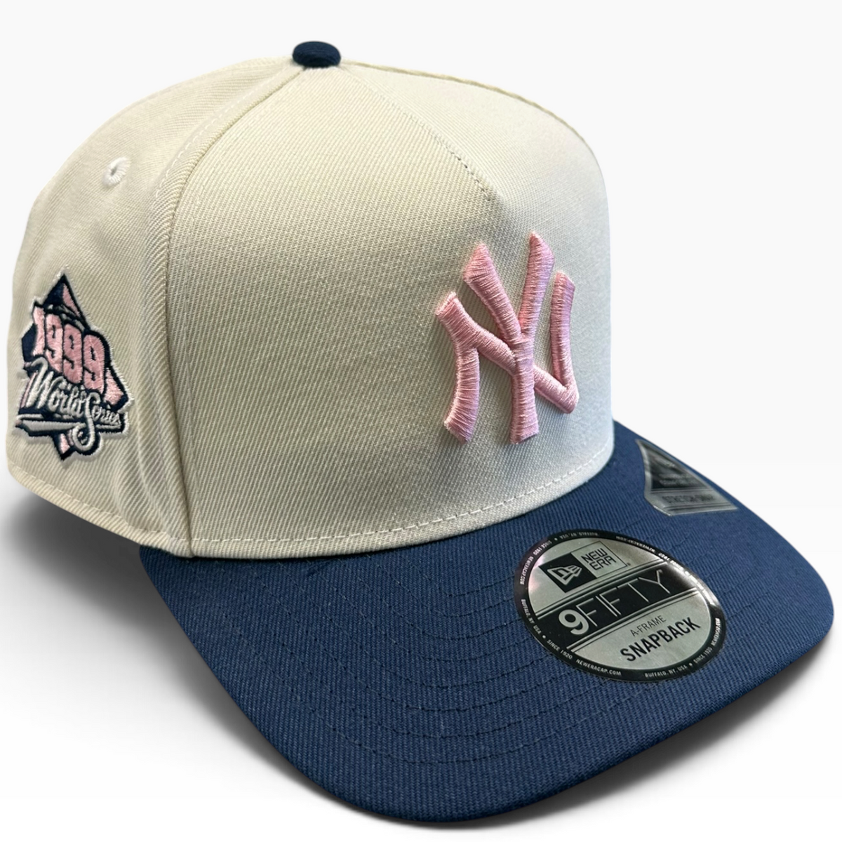 New York Yankees cream navy and pink New Era 9FIFTY A-Frame snapback hat - front view